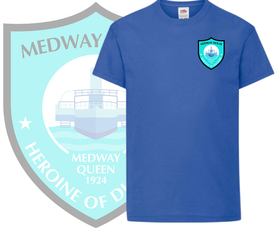 Barnsole Primary School Blue Medway House PE T Shirt | School Uniform 1 Barnsole Primary School blue Medway House PE t shirt Blue school PE t shirt with printed Barnsole logo Barnsole Medway House PE top for children Official Barnsole Primary School PE uniform blue Children’s blue PE t shirt school uniform