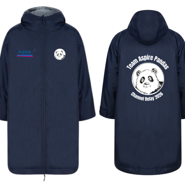 All weather robe with waterproof outer shell and fleece-lined interior, shown in full length with hood and zip front design